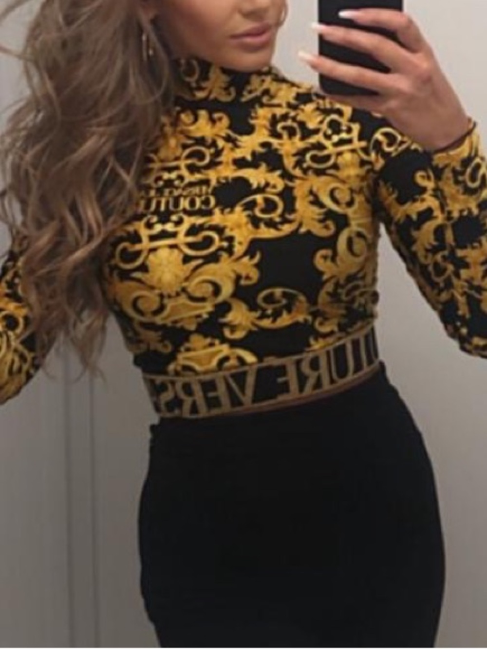 Versace Black & Gold Baroque Cropped Mock Neck Top